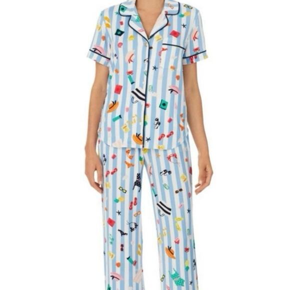 Kate Spade Blue White Stripe Beach Trip Pajama Set Short Sleeve Pant Size Large - Picture 1 of 6